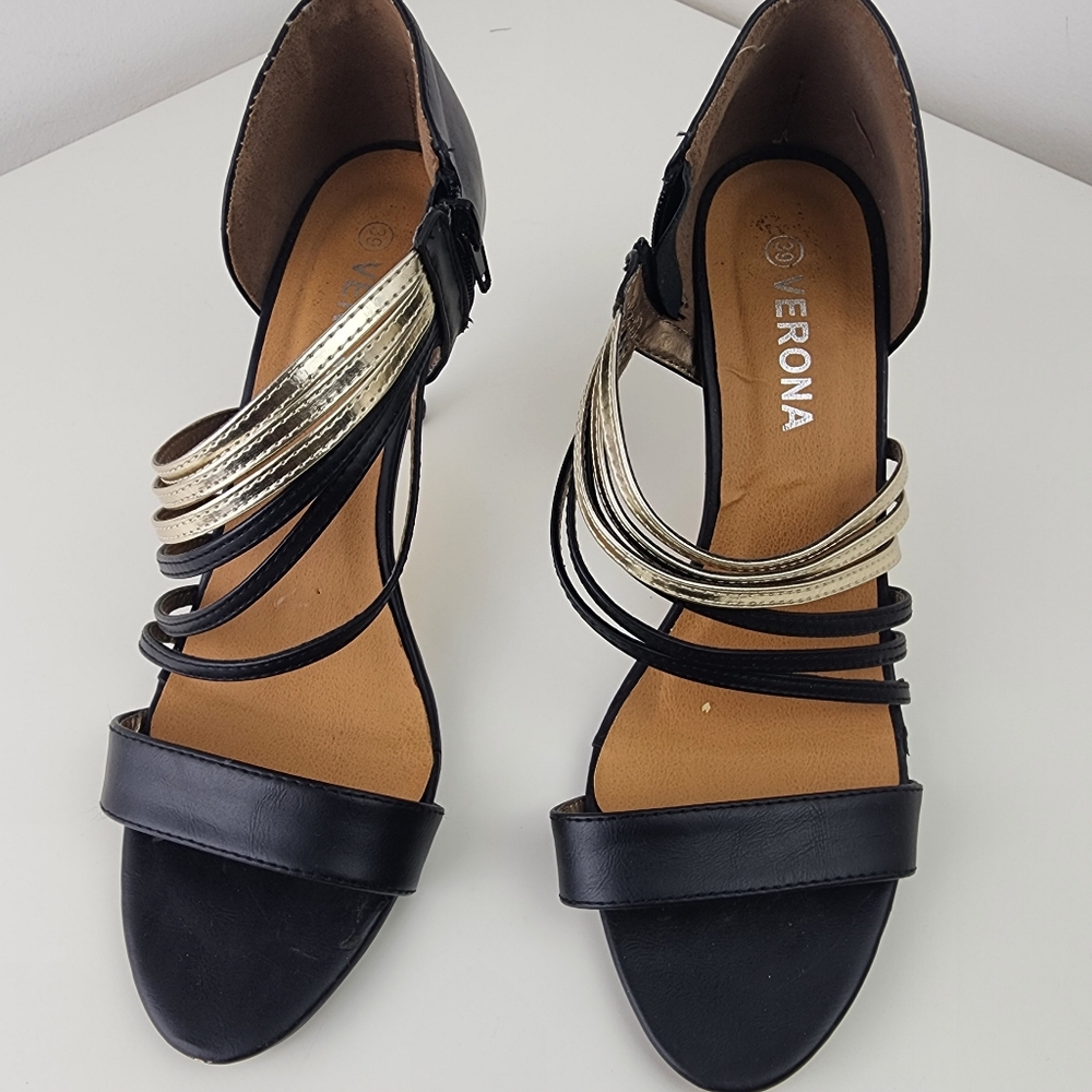 Verona Women Black and Gold Strappy Heels Size 38/8 - Picture 3 of 14